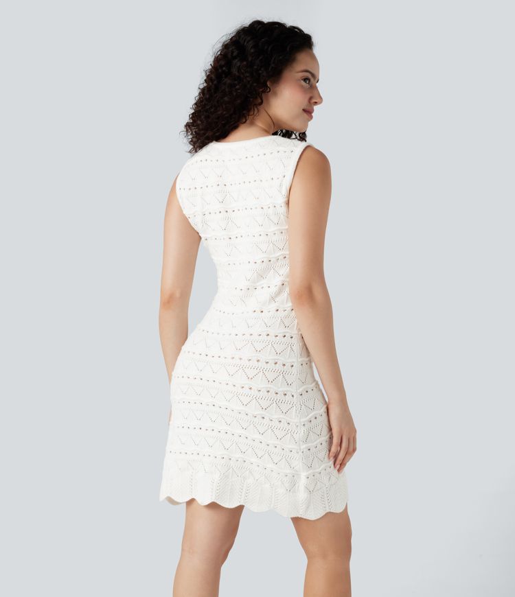 Chic U-Neck Sleeveless Open Knit Mini Sweater Dress with Scallop Hem