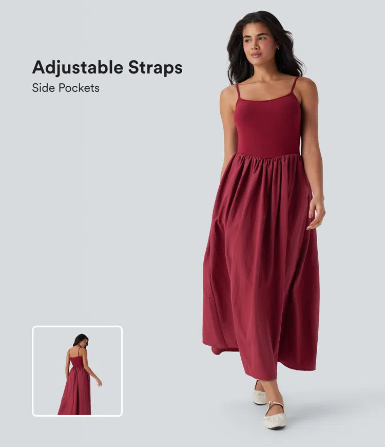 Chic Backless Maxi Slip Dress with Side Pockets, Adjustable Straps, Flowy Comfort
