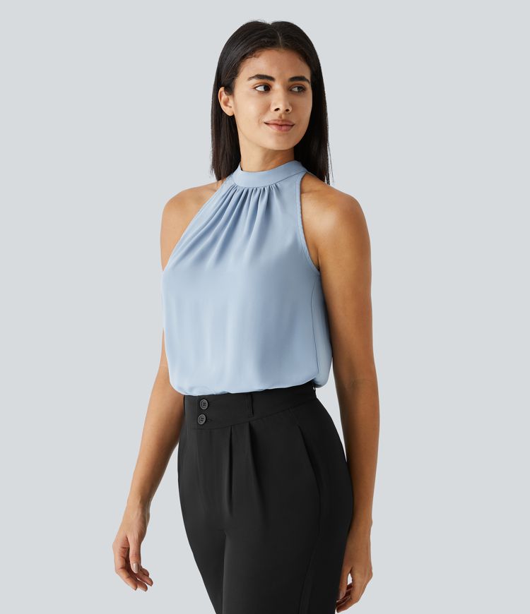 Chic Keyhole Back Halter Sleeveless Work Blouse with Elegant Curved Hem