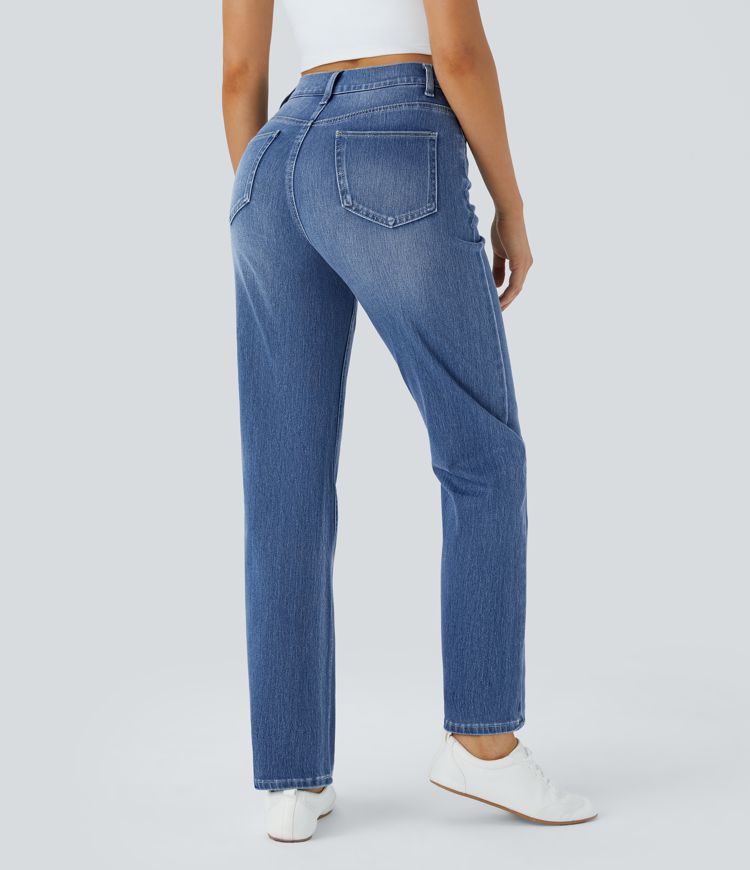 Halara Flex High-Waisted Pockets Straight Leg Washed Stretchy Knit Jeans