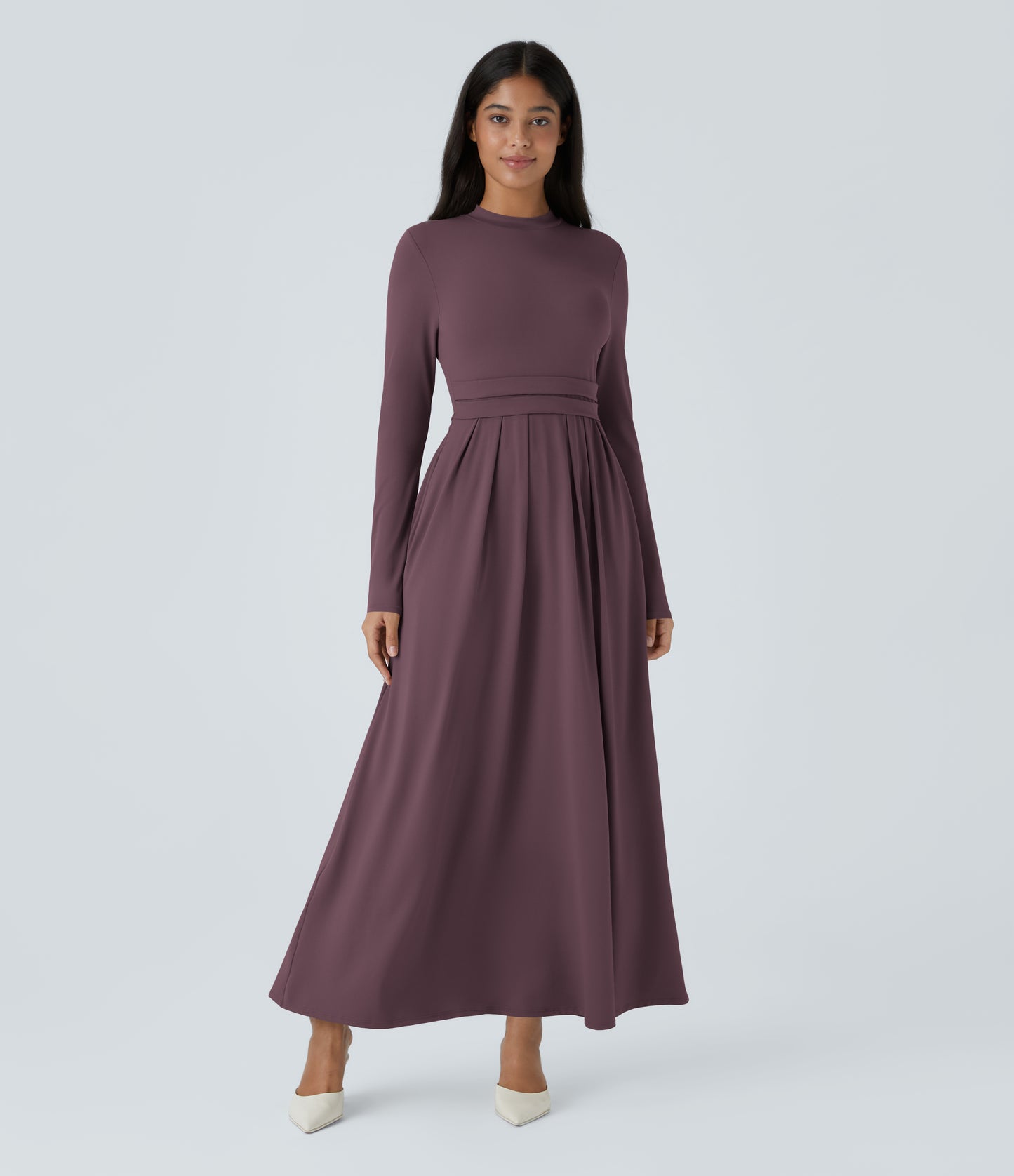 Elegant Mock-Neck Long Sleeve Flare Maxi Dress with Pockets for Women
