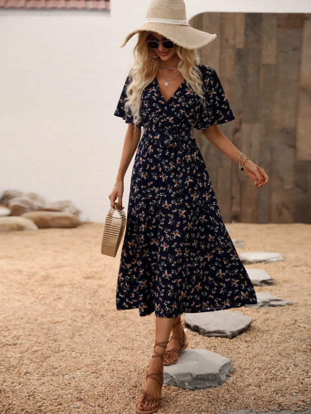 Mid-length V-neck Small Floral Tie-neck Ruffled Dress
