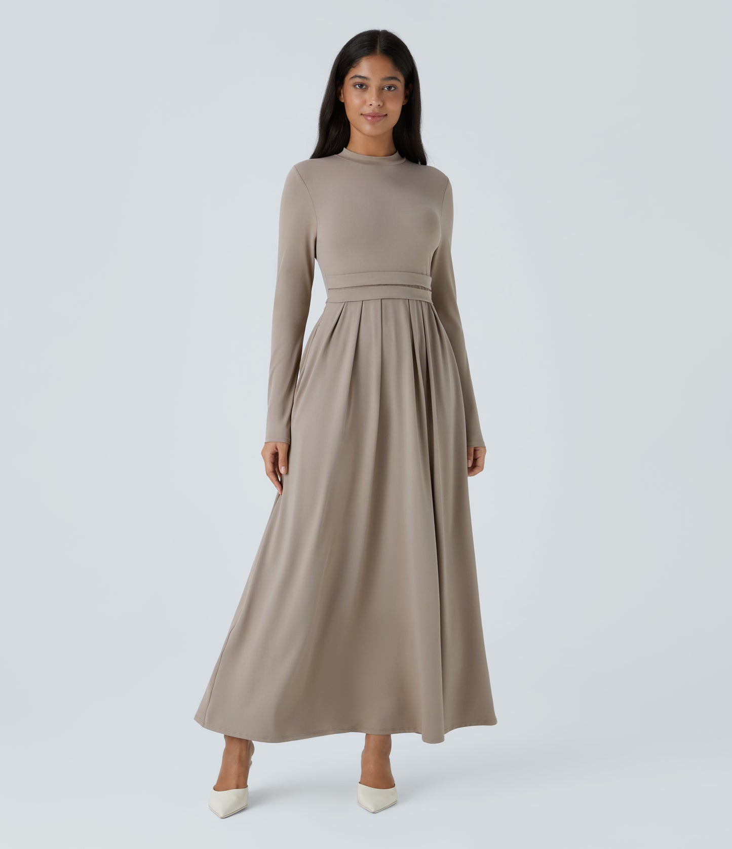 Elegant Mock-Neck Long Sleeve Flare Maxi Dress with Pockets for Women