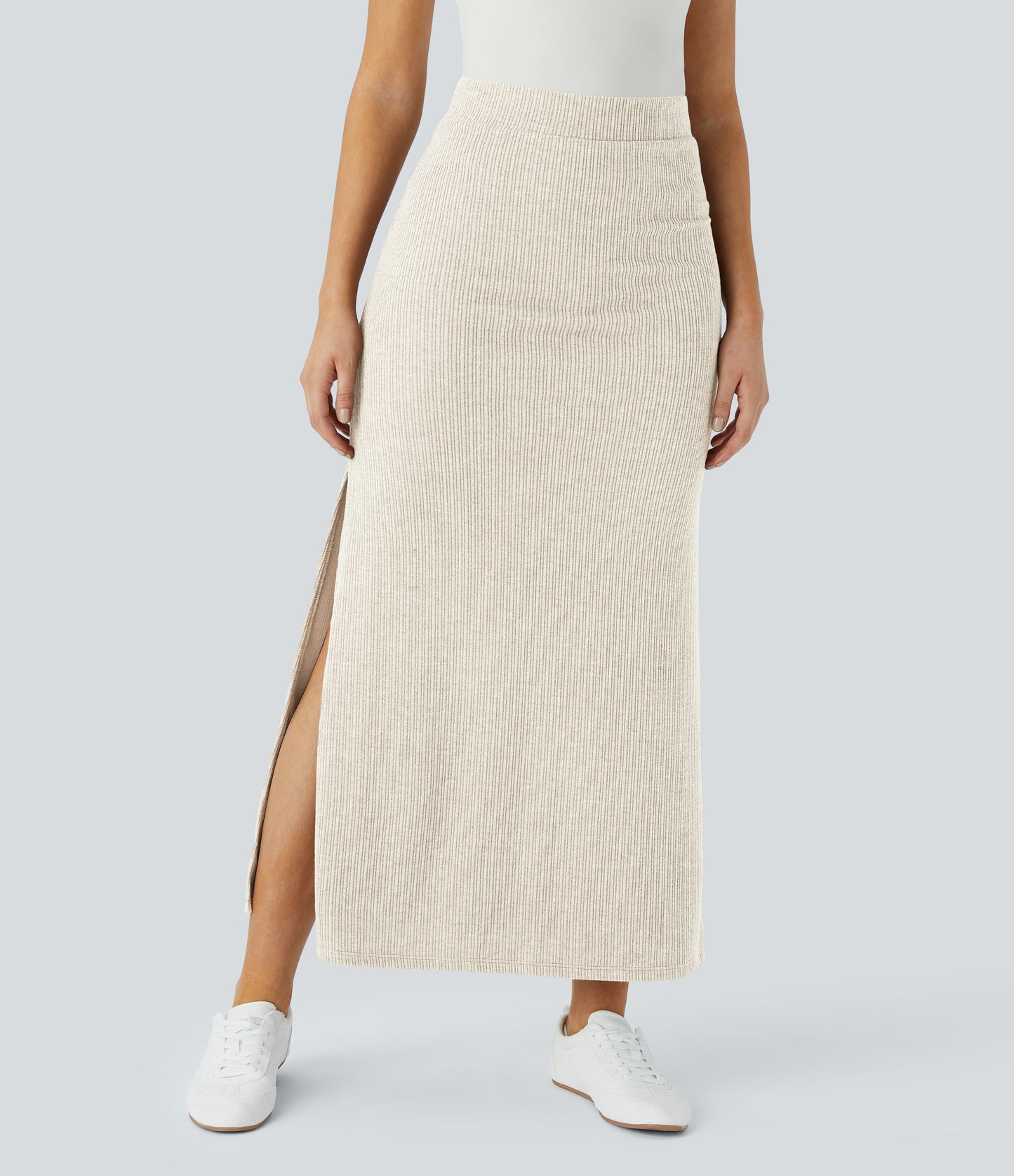 Ribbed High-Waisted Split Hem A-Line Maxi Casual Skirt for Everyday Elegance