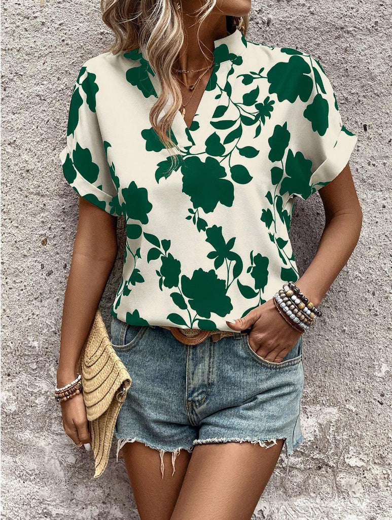 Big Floral Print V-neck Batwing Sleeve Leisure Loose Shirt
