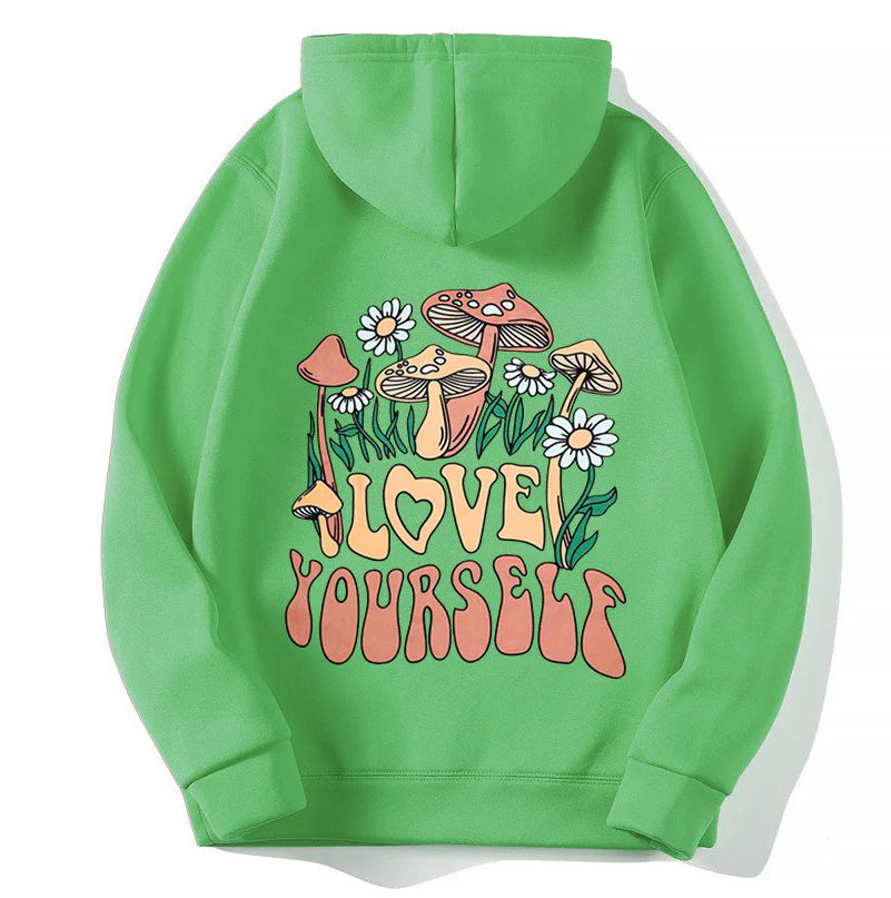 Drop-shoulder Sleeve Letters LOVE YOURSELF Hooded Fleece Sweatshirt