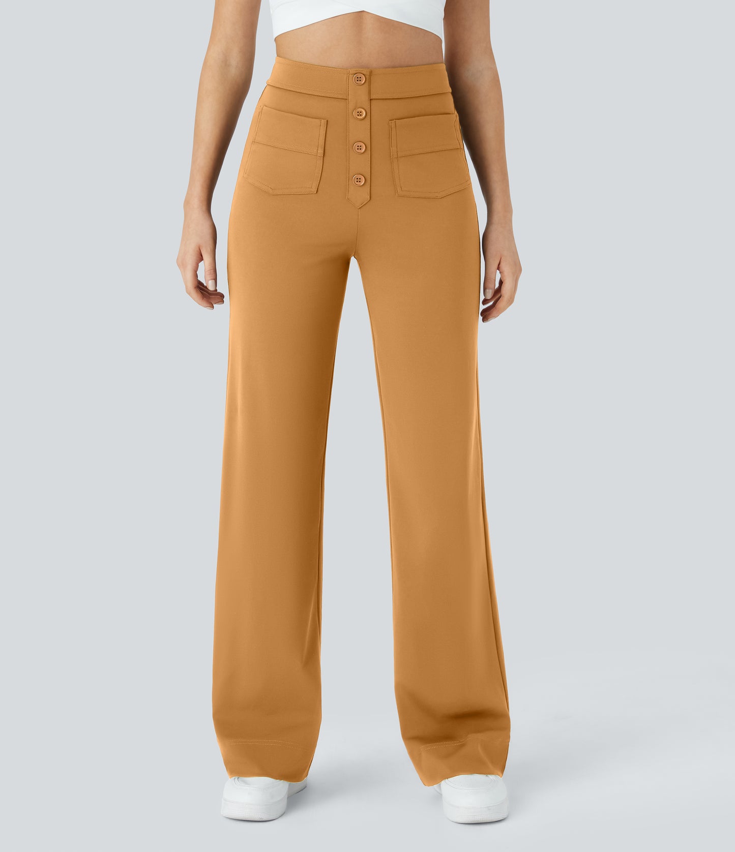 Halara High Waisted Button Straight Leg Casual Pants with Multiple Pockets