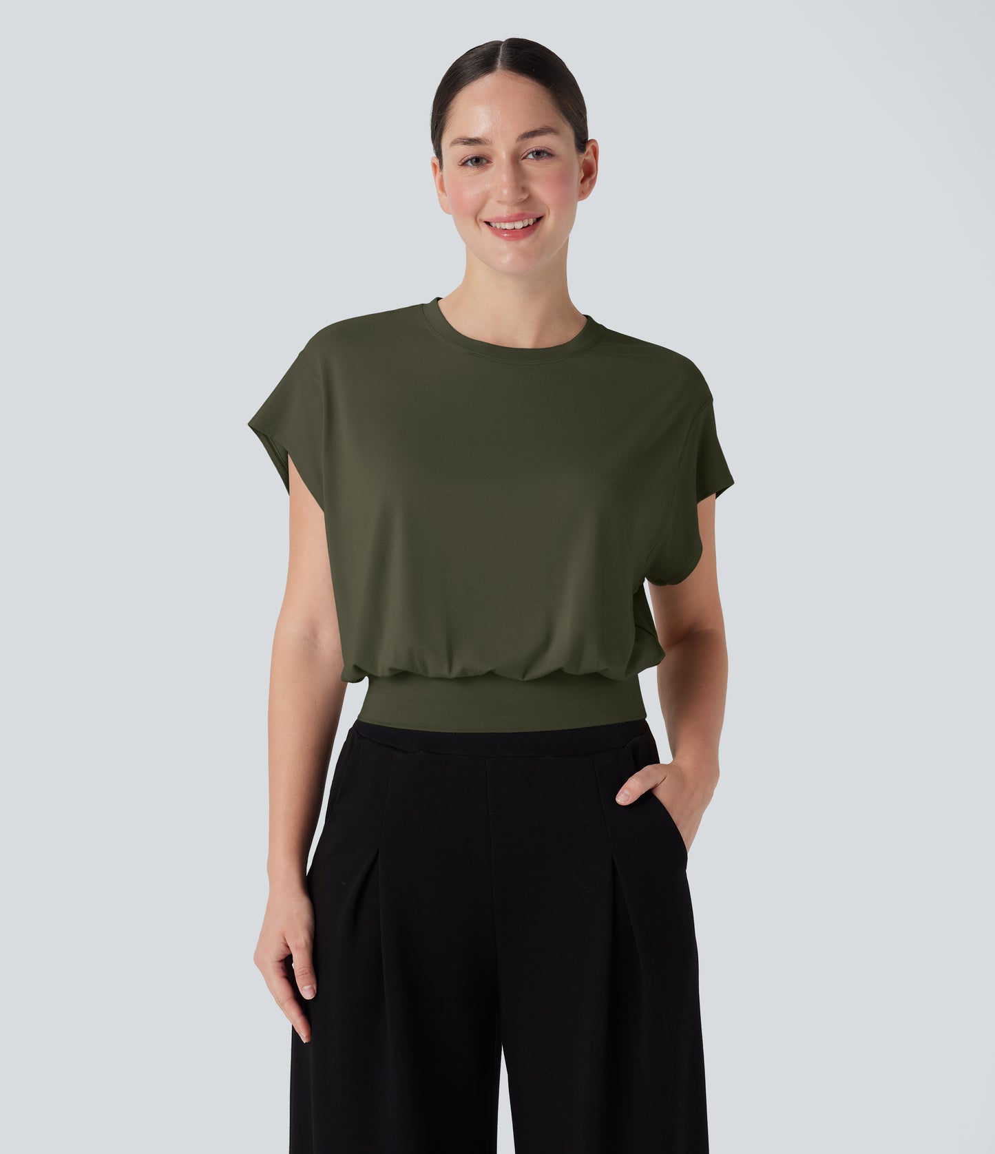 Women's Versatile Round Neck Short Batwing Sleeve Relaxed Fit Work T-Shirt