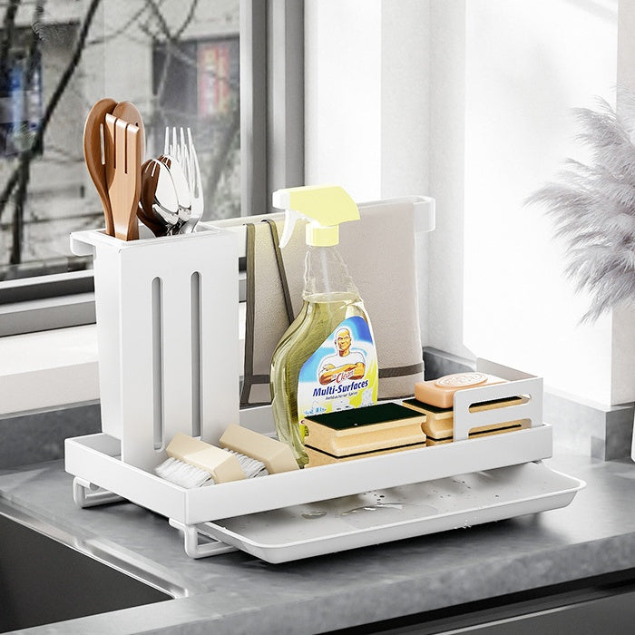 Dual-purpose kitchen storage unit displaying adhesive mounting system with towel drying functionality