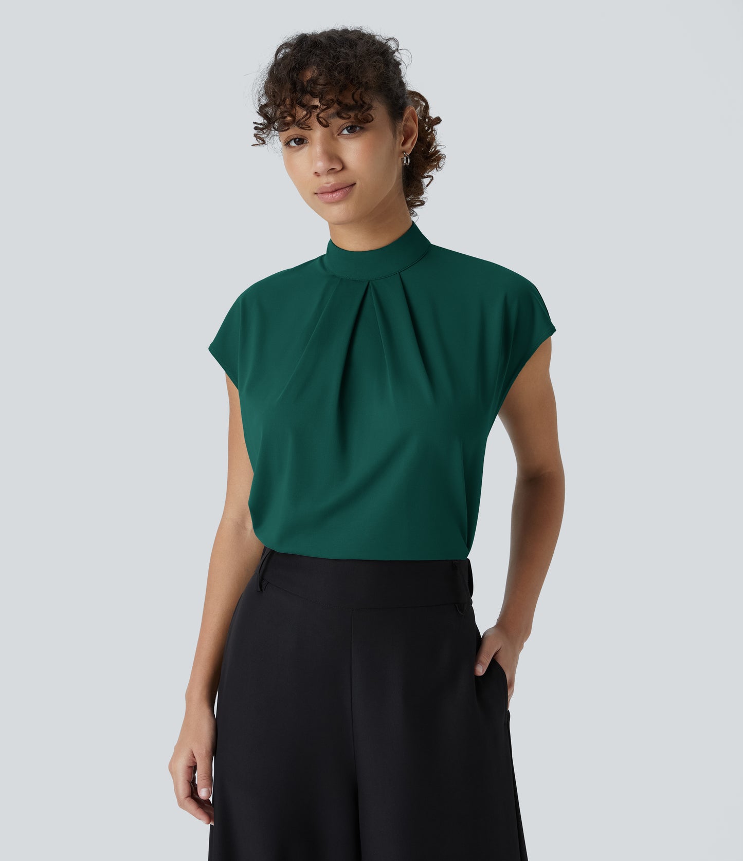 Women's Professional Stand Collar Cap Sleeve Work Blouse - Comfortable Stretch Office Top