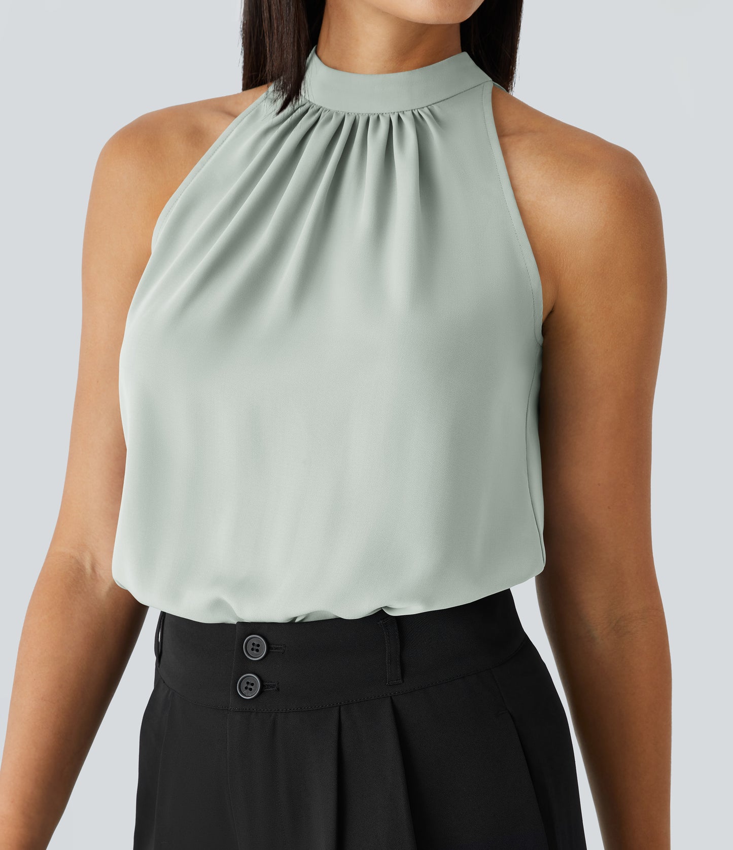 Chic Keyhole Back Halter Sleeveless Work Blouse with Elegant Curved Hem