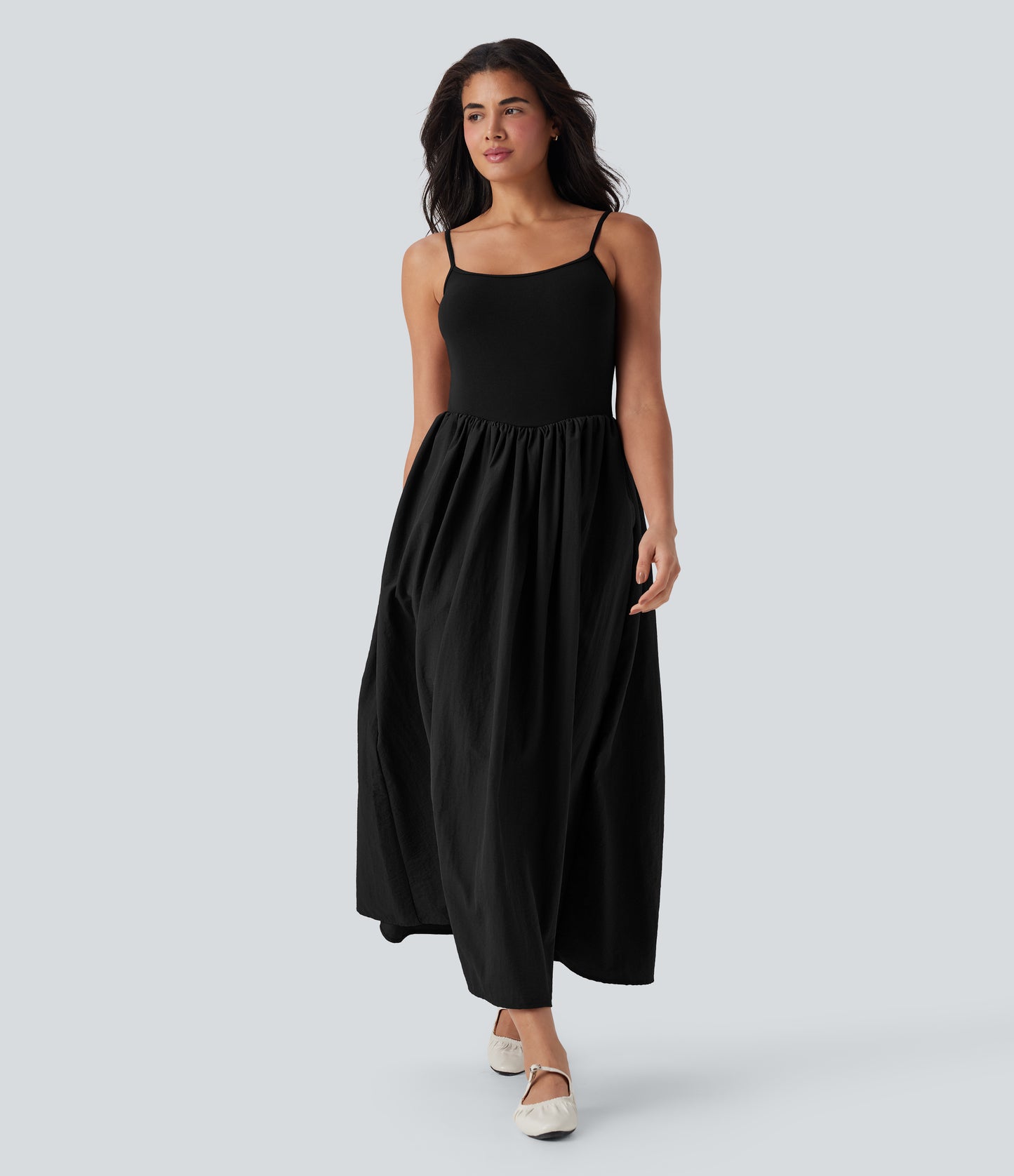 Chic Backless Maxi Slip Dress with Side Pockets, Adjustable Straps, Flowy Comfort