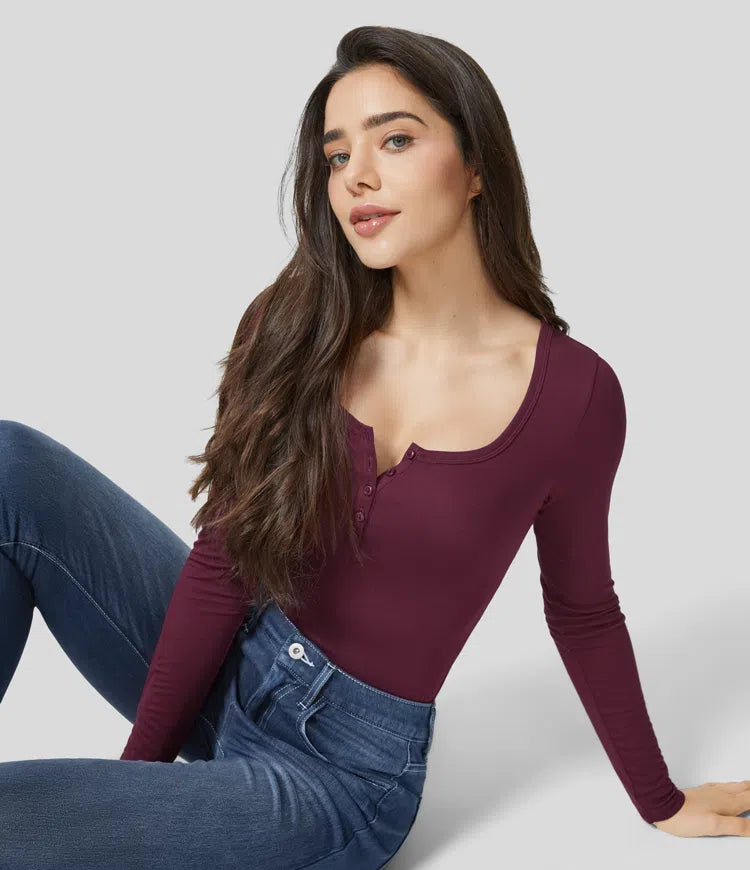 Women's Versatile Ribbed Henley Neck Long Sleeve Slim Casual Top