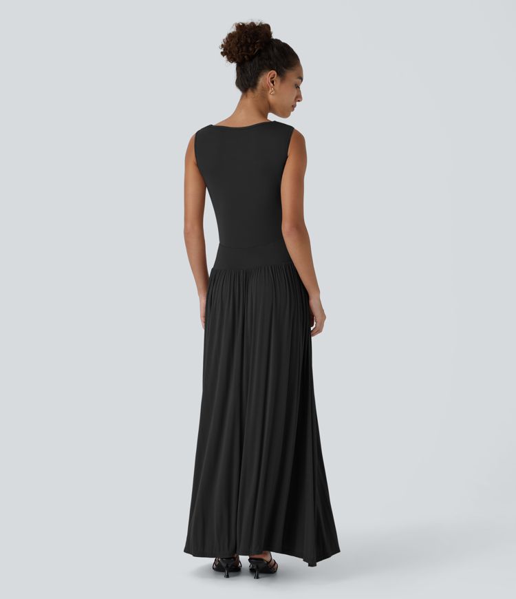 Chic Ribbed Boat Neck Flowy Maxi Dress with Asymmetric Strap & Side Pockets