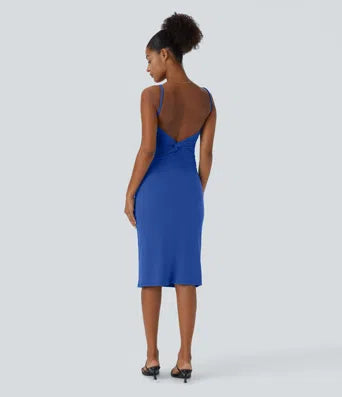 Ribbed Knit Backless Twisted Bodycon Midi Casual Dress
