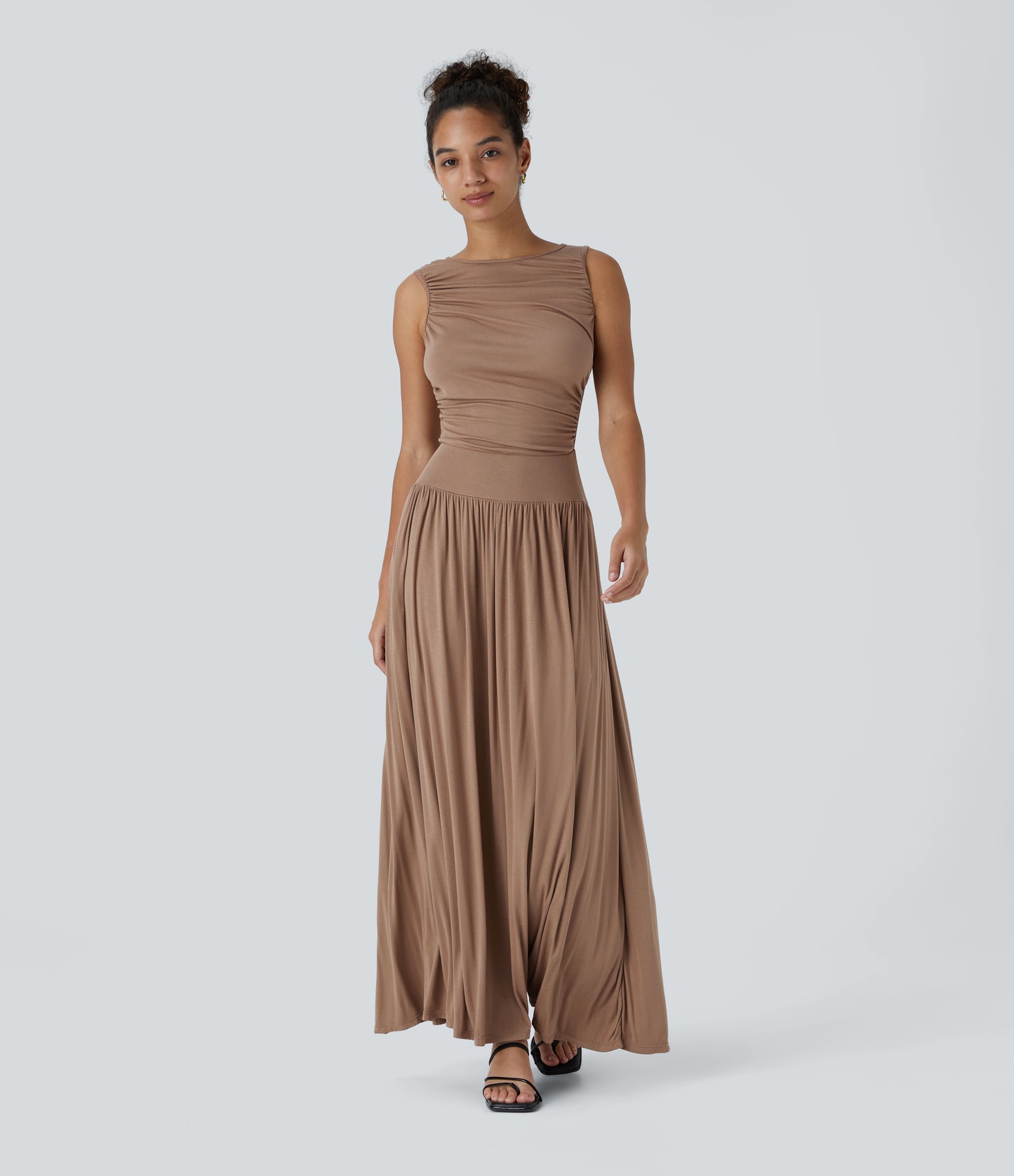 Chic Ribbed Boat Neck Flowy Maxi Dress with Asymmetric Strap & Side Pockets