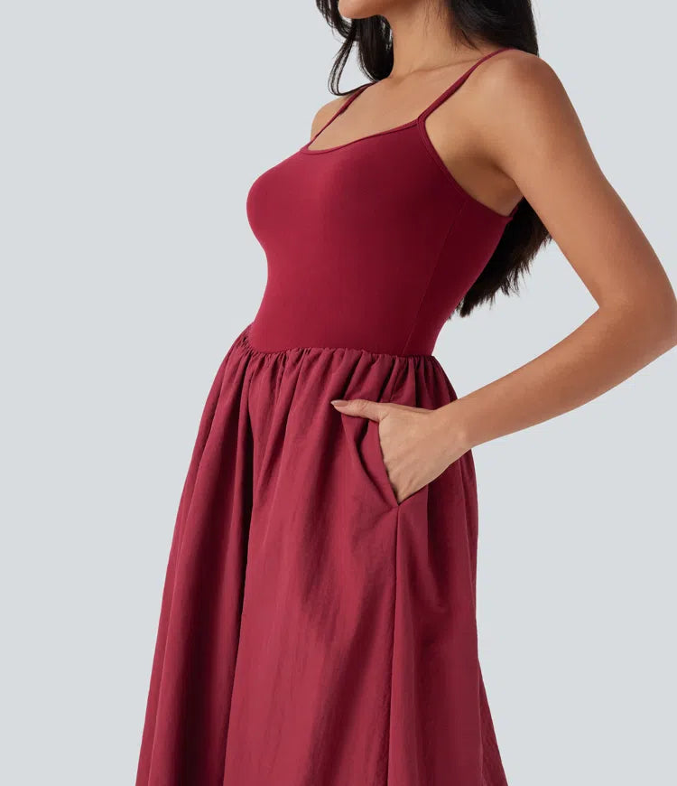 Chic Backless Maxi Slip Dress with Side Pockets, Adjustable Straps, Flowy Comfort