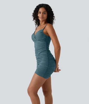 Deep V Neck Adjustable Strap Backless Ruched Bodycon Mini Casual Dress