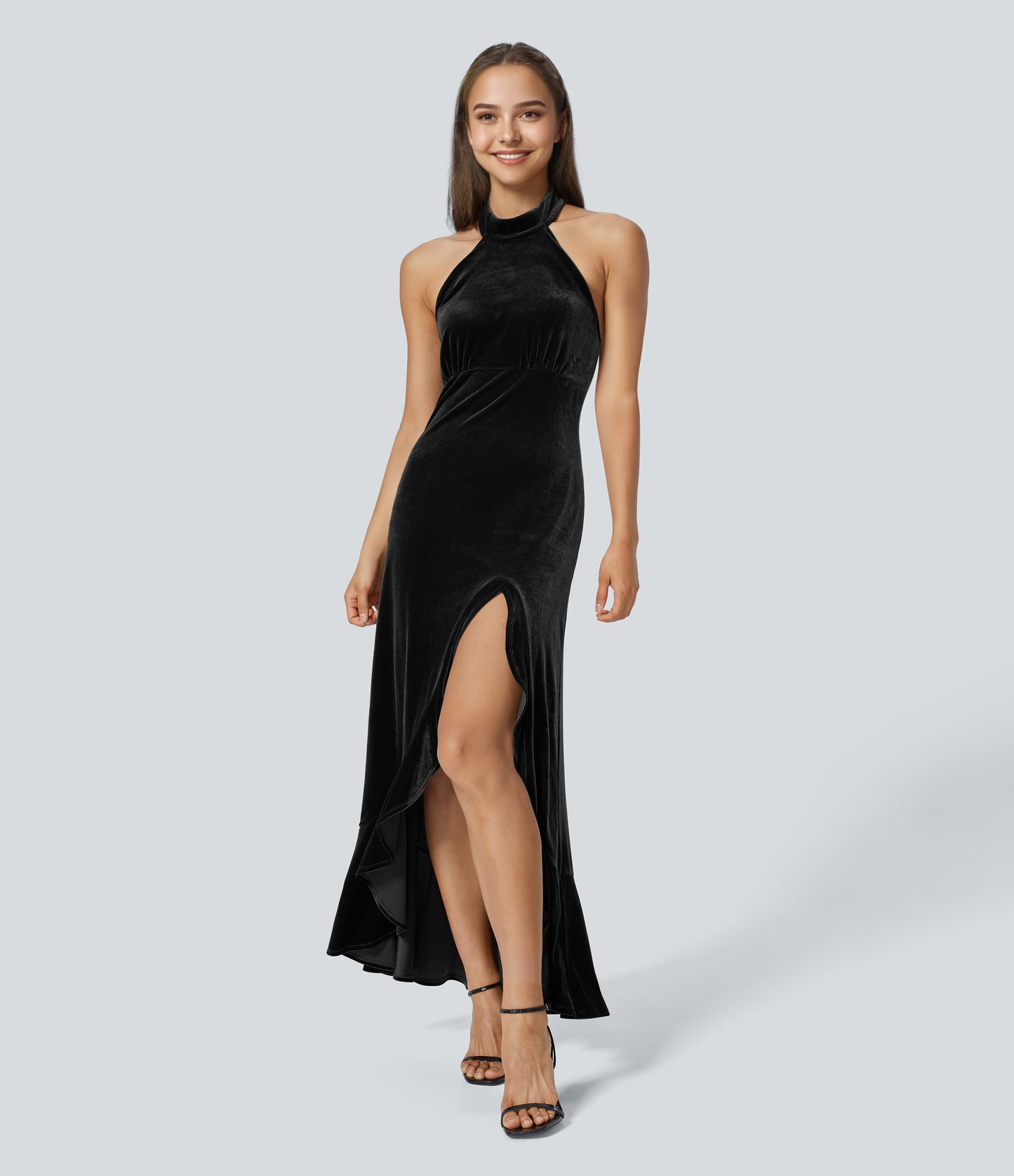 Luxurious Halter Neck Ruffle Hem Velvet Maxi Dress – Elegant Evening Gown