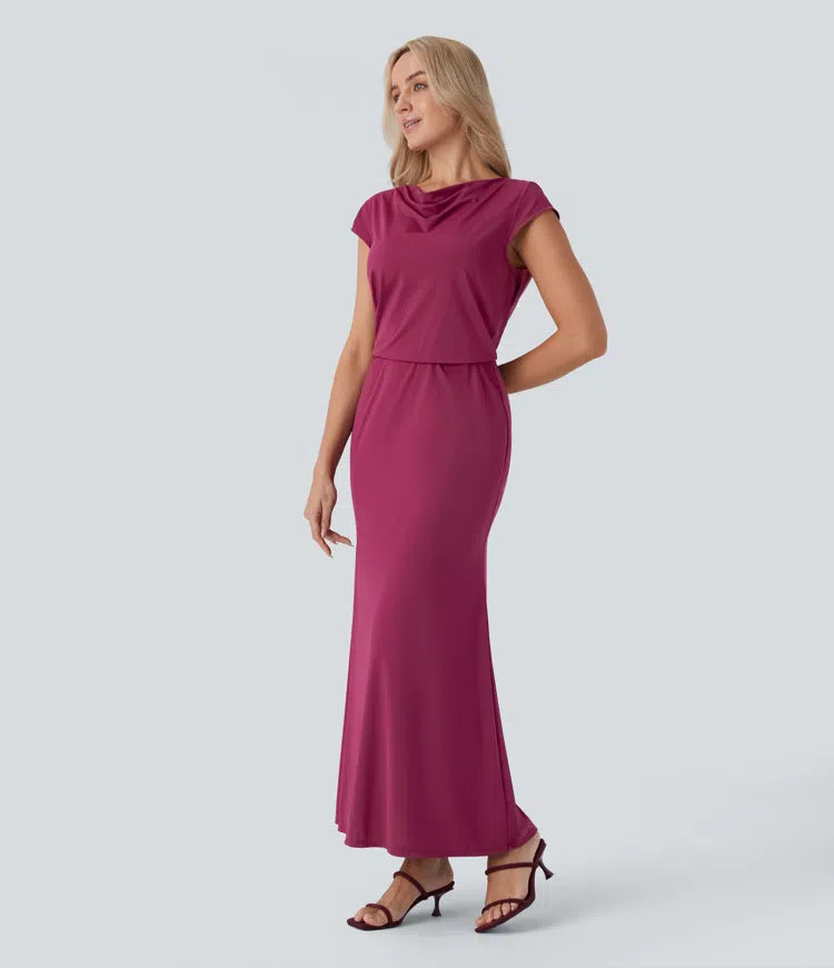 Elegant Backless Tie-Back Cowl Neck Cap Sleeve Maxi Dress for Parties & Events