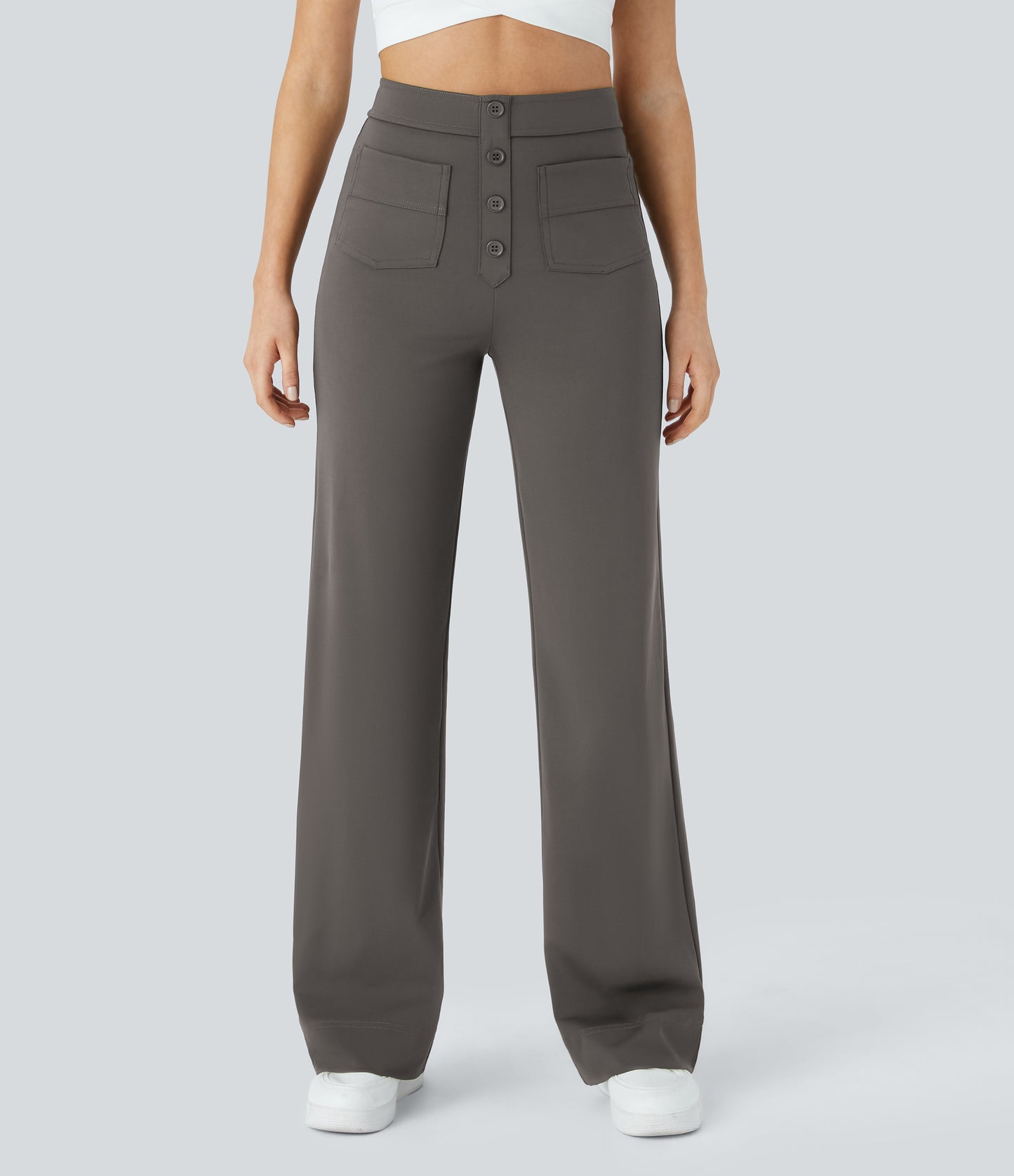 Halara High Waisted Button Straight Leg Casual Pants with Multiple Pockets