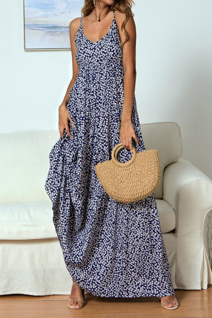V-neck Dress Maxi Dress With Small Floral Strap