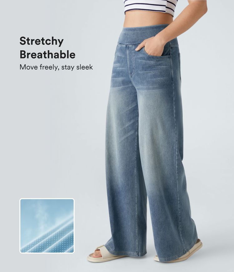 Halara Flex High-Waisted Pockets Straight Leg Washed Stretchy Knit Jeans