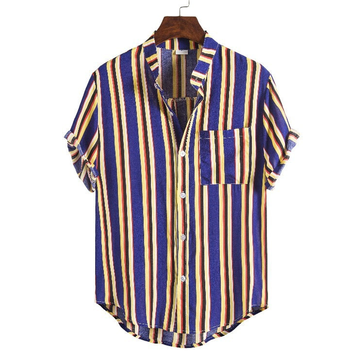 Men's Striped Short Sleeve Shirt Fashion Casual Large Size Stand Collar Shirt Men