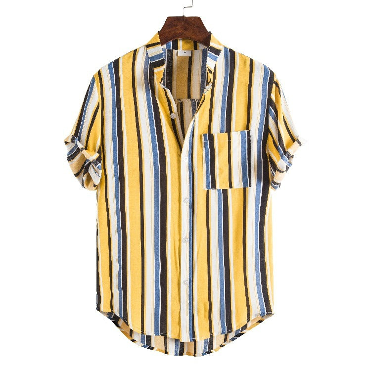 Men's Striped Short Sleeve Shirt Fashion Casual Large Size Stand Collar Shirt Men