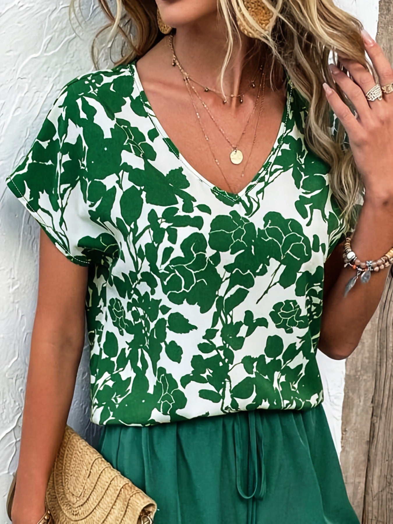 Printed Loose Half Sleeve V-neck Short Sleeve