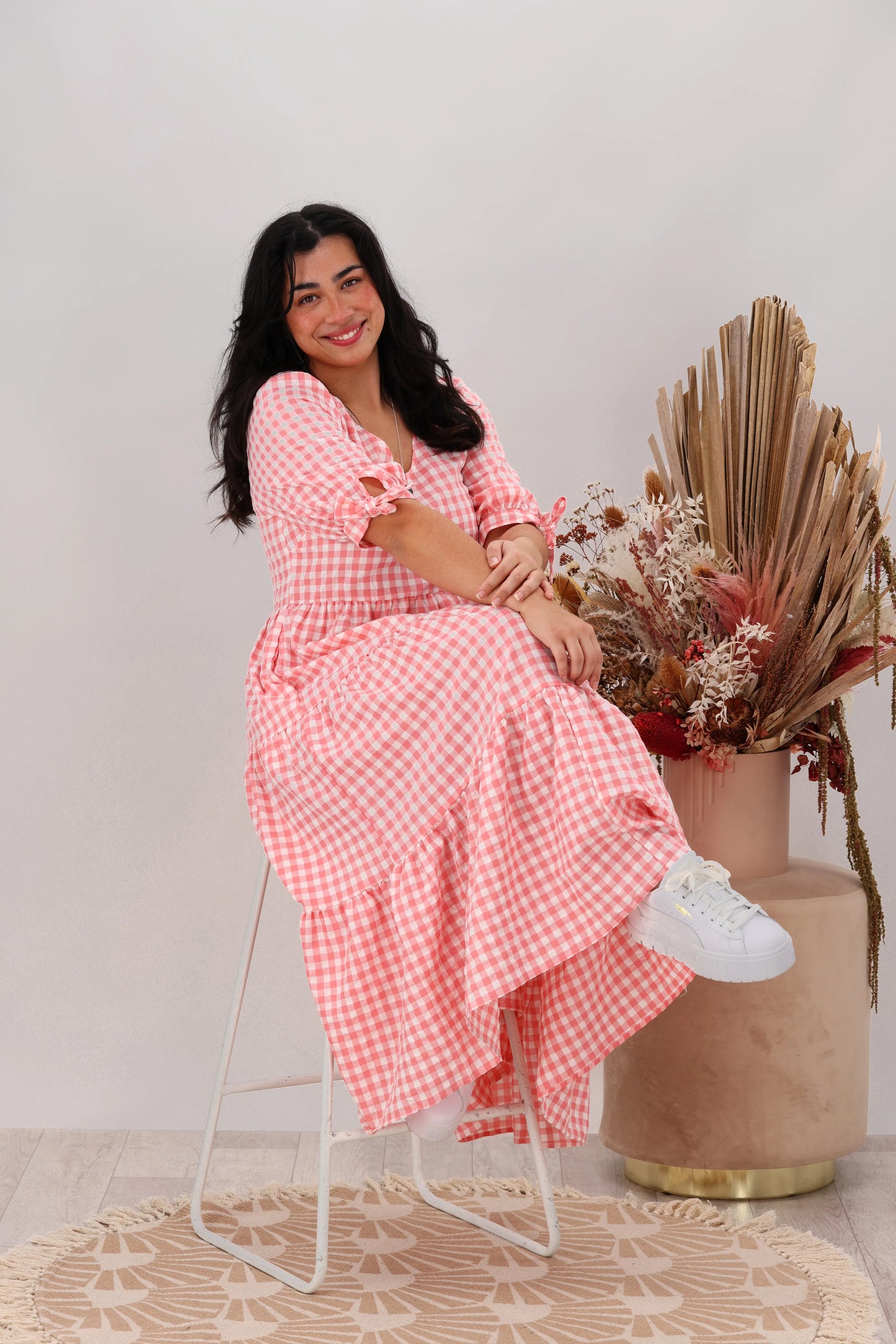 Silver Wishes Gingham Tier Midi Dress Pink