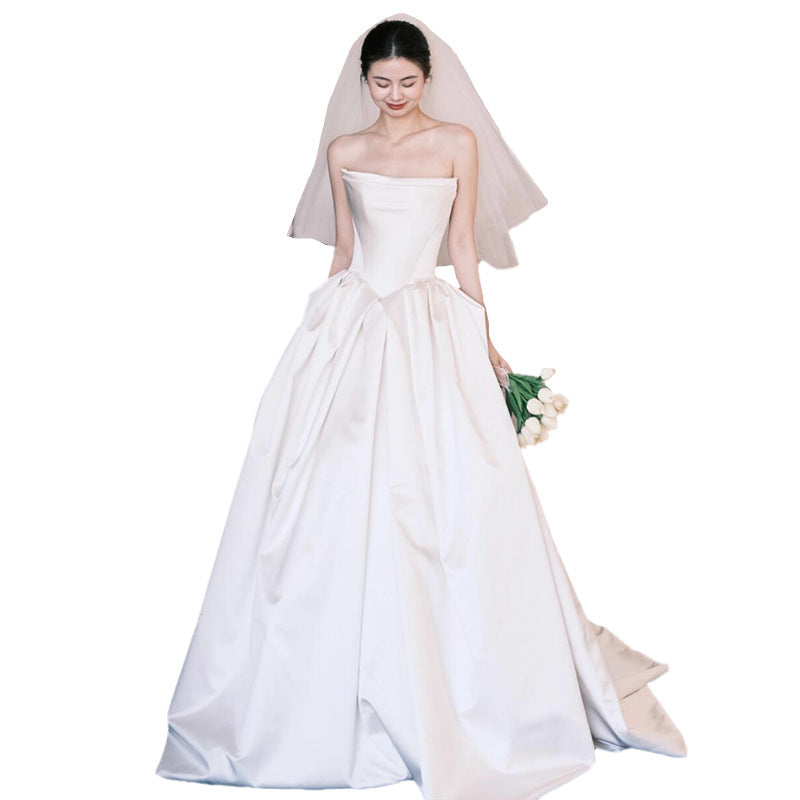 Vintage Light Wedding Dress Tube Top Satin High-end Bridal White Dress