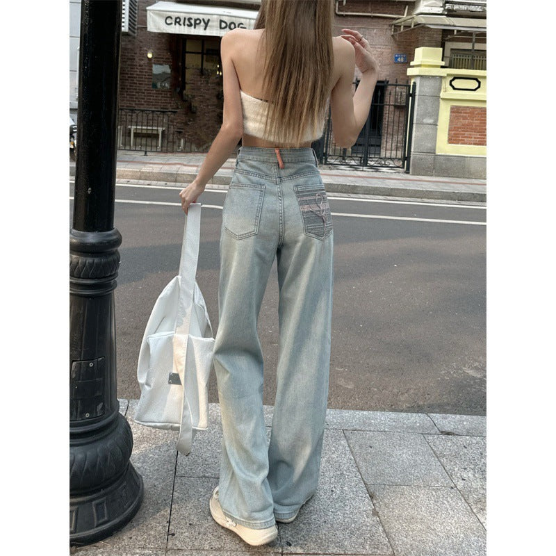 Summer Washed High Waist Loose Slim Wide Leg Jeans Women's Design Light Blue Narrow Straight Floor-length Pants