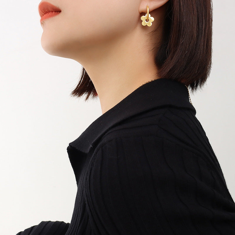 Flower Earrings Stainless Steel 18K Real Gold Plated Net Red Ear Buckles