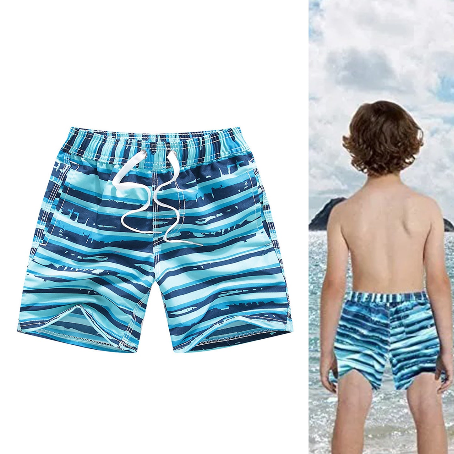 Kids Swim Short Pants Printed with 3 Pocket Drawstring Quick Dry Printed Elastic Beach Swim Shorts Sky Blue 5‑6 Years Old