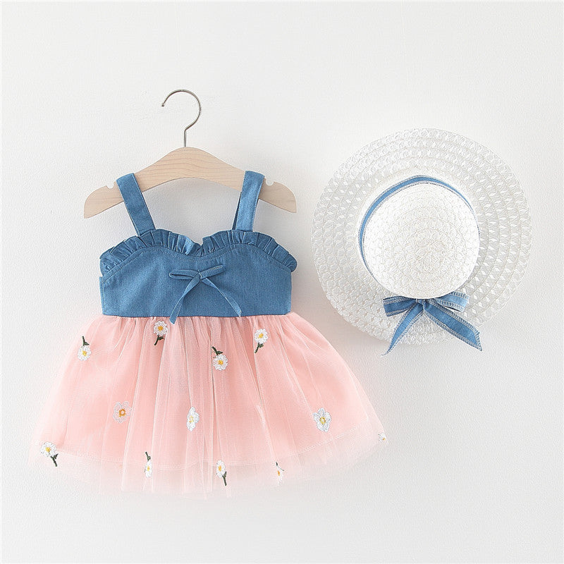 Girls Denim Straps Tulle Stitching Dress