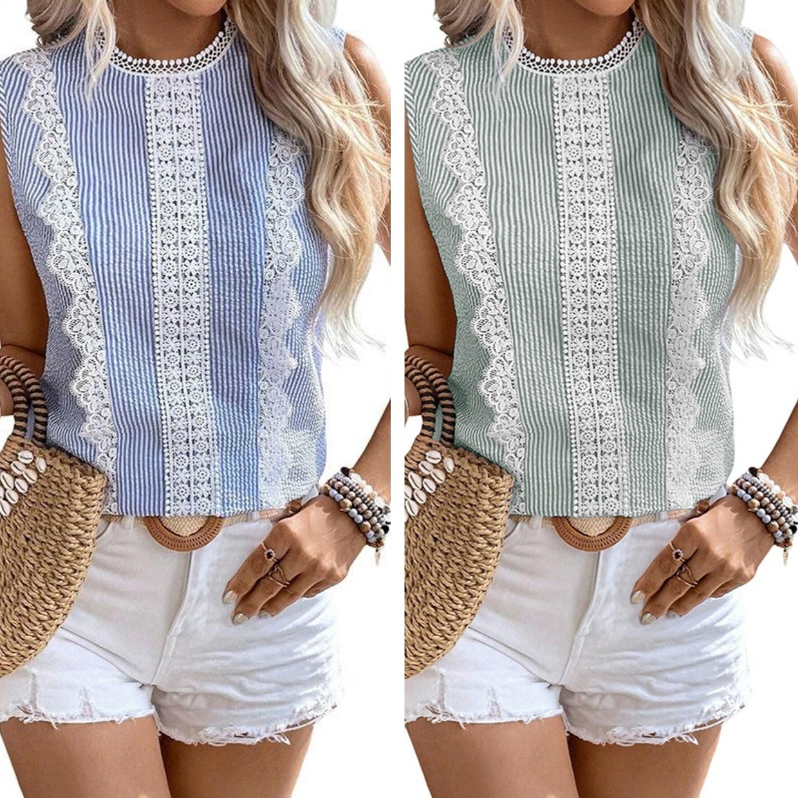 Lace Stitching Sleeveless Striped Color Vest For Women