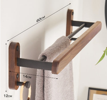 Eco-friendly wooden bathroom organizer featuring versatile storage shelves and towel bars with reversible adhesive system