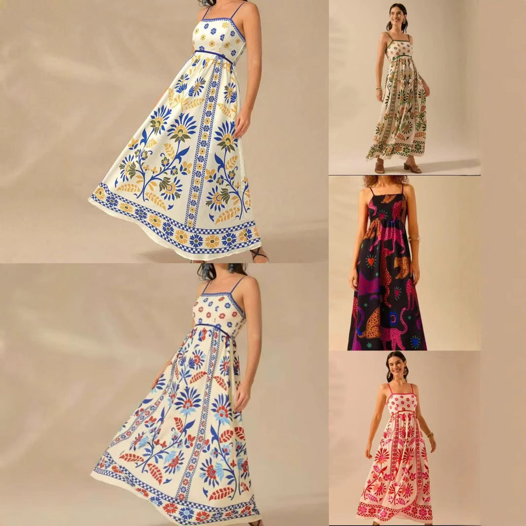 Printing Slip Dress Vacation Style Women's Clothing