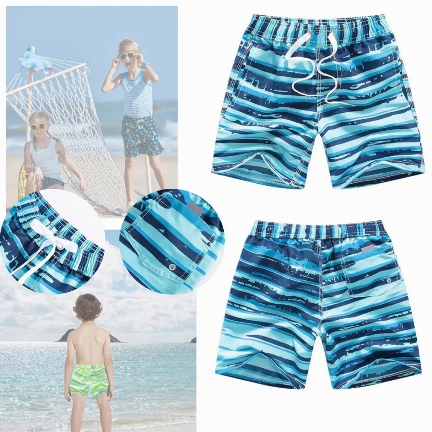 Kids Swim Short Pants Printed with 3 Pocket Drawstring Quick Dry Printed Elastic Beach Swim Shorts Sky Blue 5‑6 Years Old