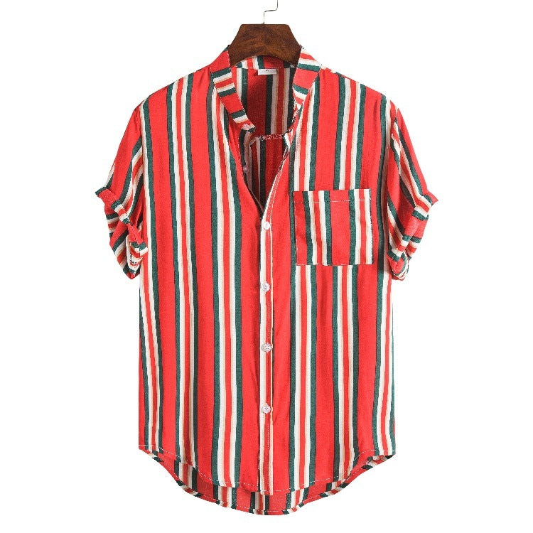 Men's Striped Short Sleeve Shirt Fashion Casual Large Size Stand Collar Shirt Men