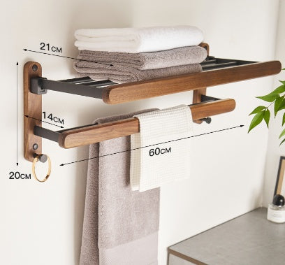 Contemporary wooden bathroom storage rack featuring adjustable shelving and towel bars with damage-free installation