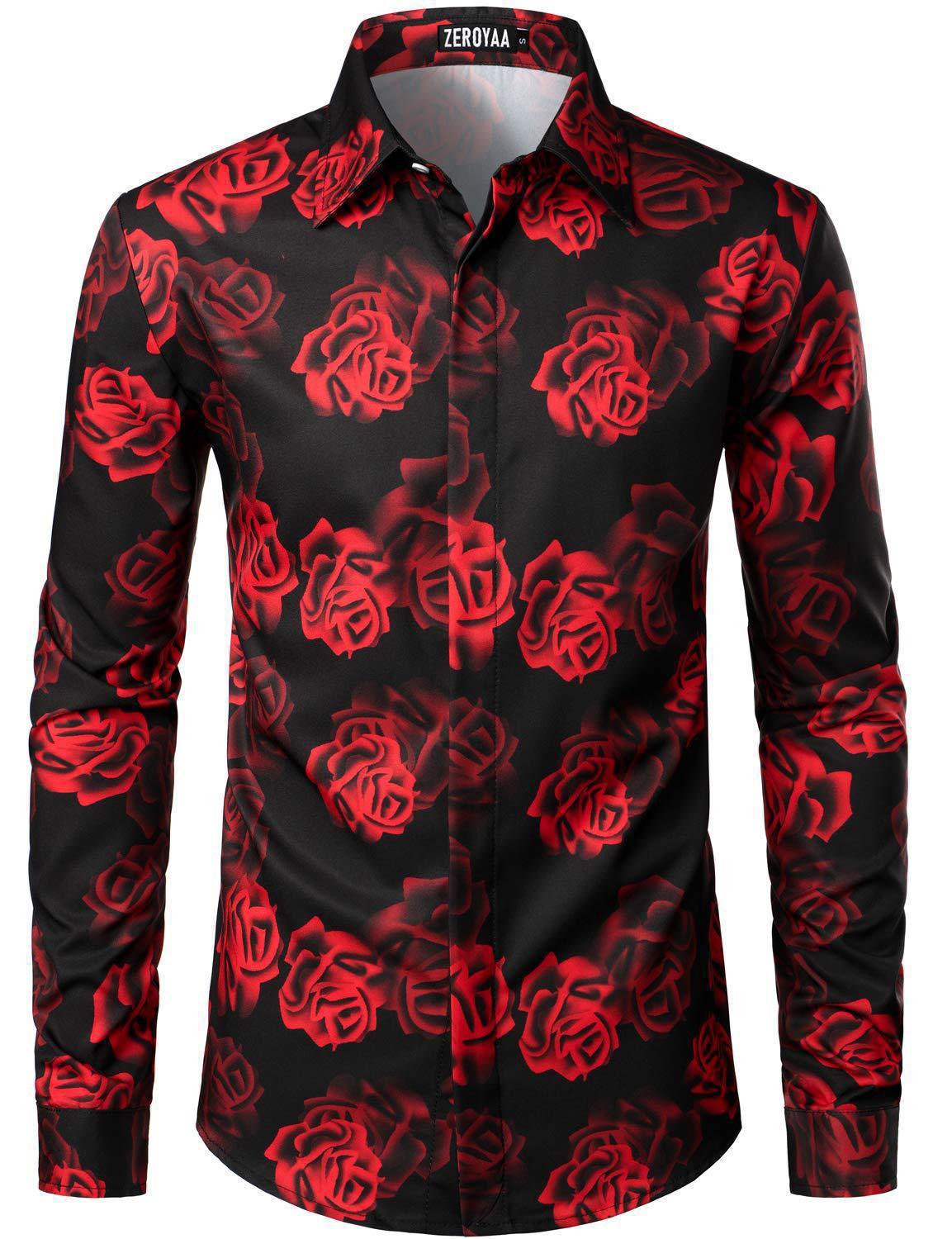 Fashion 3D Rose Printing Men's Long Shirt