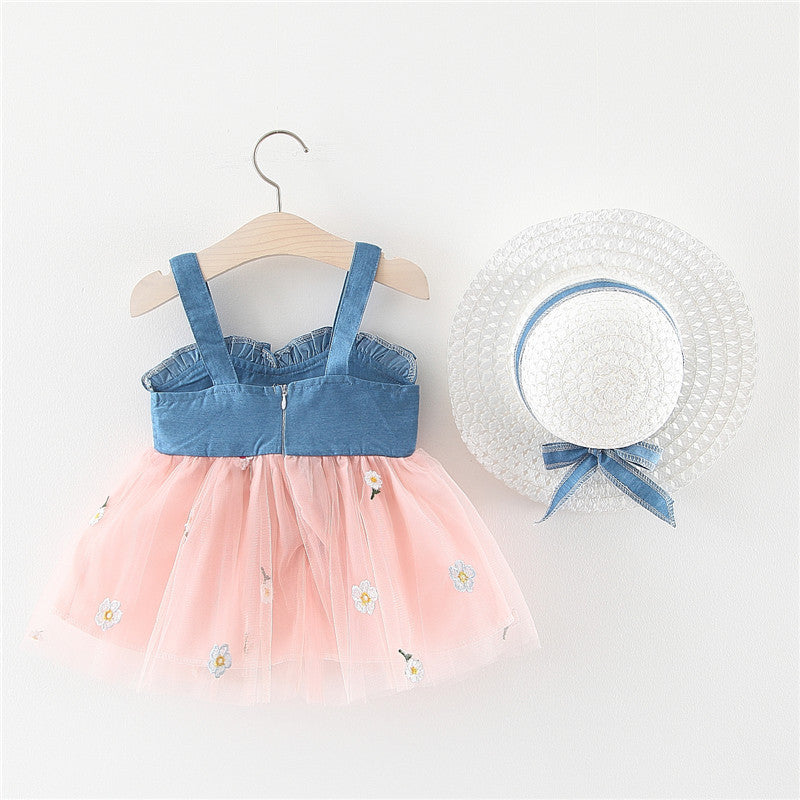 Girls Denim Straps Tulle Stitching Dress