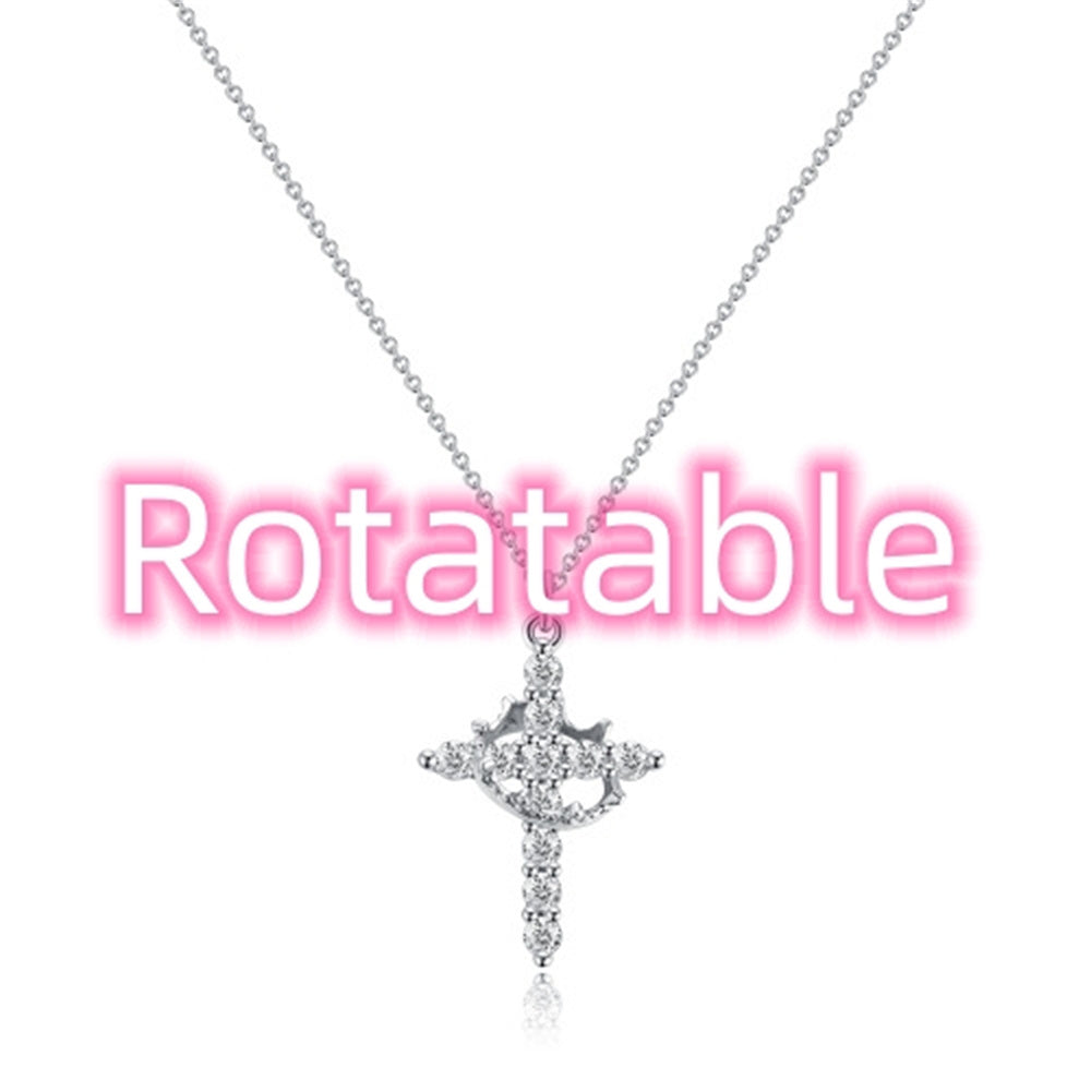 Cross Full Diamond Crown Rotatable Necklace 07