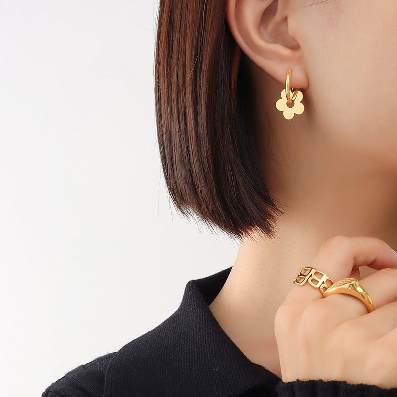 Flower Earrings Stainless Steel 18K Real Gold Plated Net Red Ear Buckles