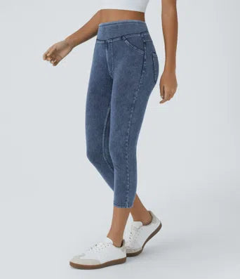 Halara Flex  High Waisted Back Side Pocket Stretchy Knit Denim Capri Casual Leggings