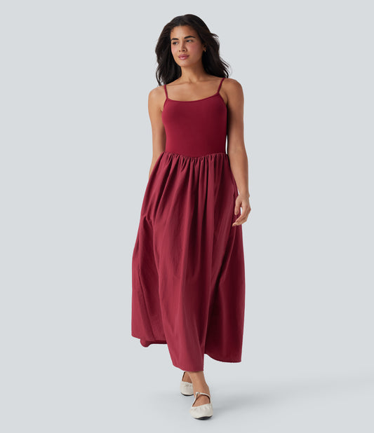 Chic Backless Maxi Slip Dress with Side Pockets, Adjustable Straps, Flowy Comfort