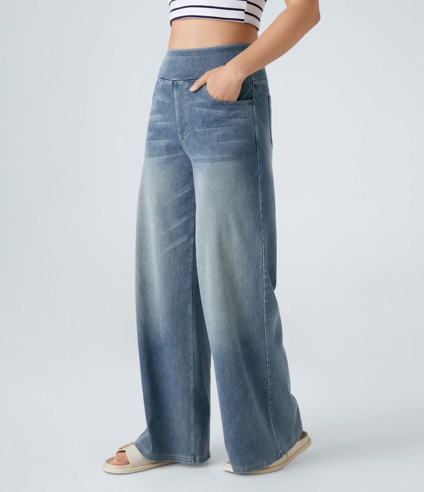 Halara Flex High Waisted Multiple Pockets Wide Leg Washed Stretchy Knit Casual Jeans