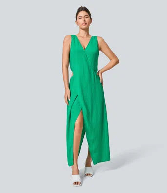 V Neck Sleeveless Cut Out Split Maxi Casual Linen-Feel Dress